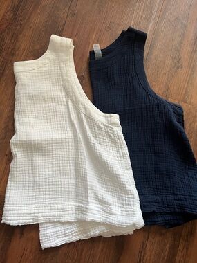 LOFT White and Navy Cotton Gauze Crop Tanks